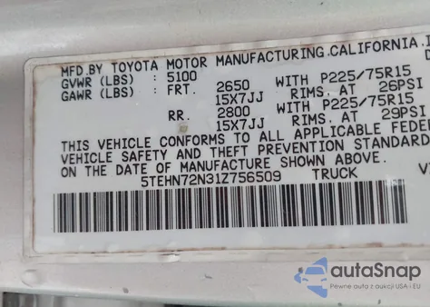 2001 Toyota Tacoma из США, поврежденный, VIN 5TENH72N31Z756509